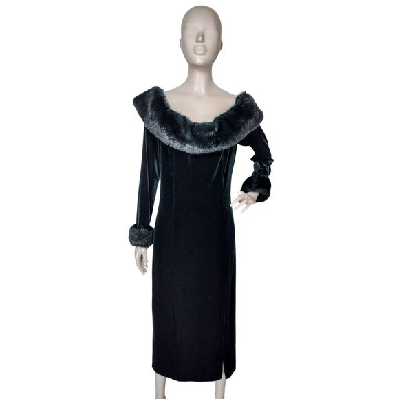 Vintage 80s 90s Aspeed Green Velvet Faux Fur Volump Bombshell Party Dress NEW - Picture 7 of 9